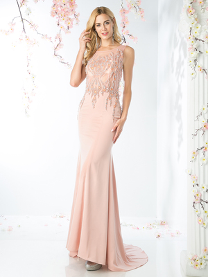 CD-8911 Illusion Neck A-line Evening Dress with Train, Blush