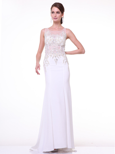 CD-8911 Illusion Neck A-line Evening Dress with Train - Cream, Front View Medium