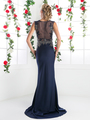 CD-8912 Long Beaded Evening Dress with Illusion Bodice - Navy, Back View Thumbnail