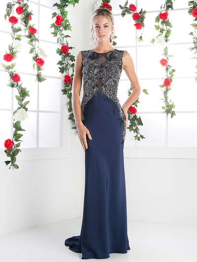 CD-8912 Long Beaded Evening Dress with Illusion Bodice - Navy, Front View Medium