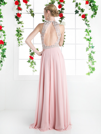 CD-8915 Halter Beaded Top Prom Evening Dress - Blush, Back View Medium