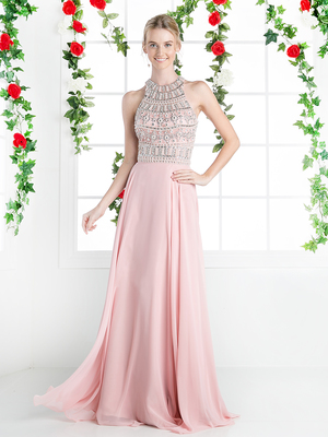 CD-8915 Halter Beaded Top Prom Evening Dress, Blush