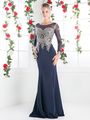 CD-8916 Illusion Embellished Long Evening Dress  - Navy, Front View Thumbnail