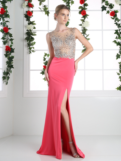 CD-8920 Sparkling Bodice Prom Evening Dress with Slit - Fuchsia, Front View Medium