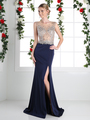 CD-8920 Sparkling Bodice Prom Evening Dress with Slit - Navy, Front View Thumbnail