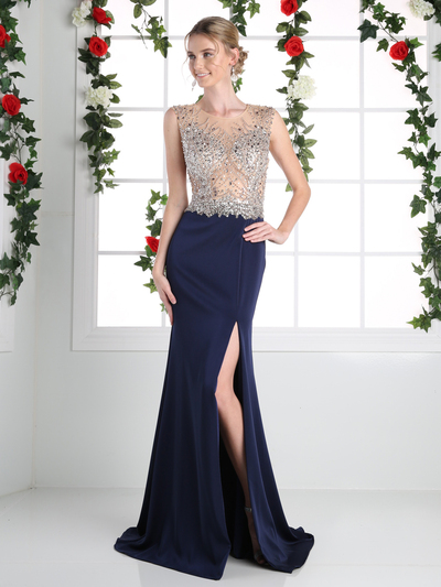 CD-8920 Sparkling Bodice Prom Evening Dress with Slit - Navy, Front View Medium