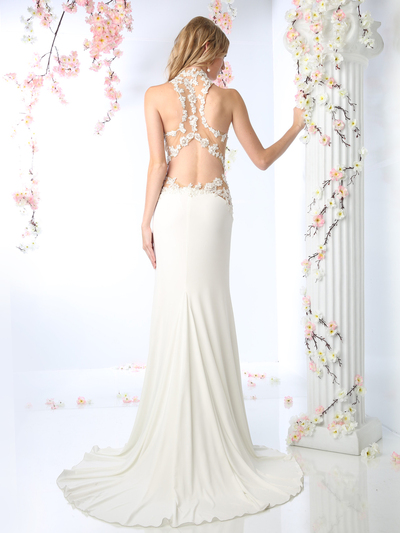 CD-8927 Floral Applique High Neck Bridal Gown - Off White, Back View Medium