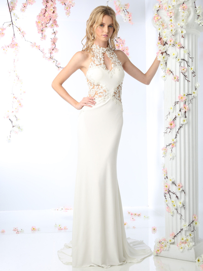 CD-8927 Floral Applique High Neck Bridal Gown - Off White, Front View Medium
