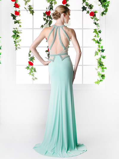 CD-8929 Halter Top Evening Dress with Cut Outs - Mint, Back View Medium