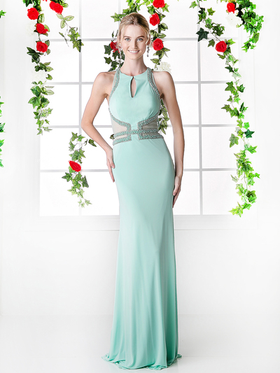 CD-8929 Halter Top Evening Dress with Cut Outs - Mint, Front View Medium