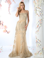CD-8930 Strapless Long Evening Dress with Golden Applique - Gold, Front View Thumbnail