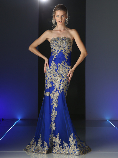 CD-8930 Strapless Long Evening Dress with Golden Applique - Royal, Front View Medium