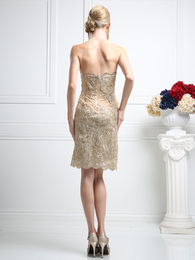 CD-8931 Strapless Cocktail Dress with Rosette Applique Design - Gold, Back View Medium