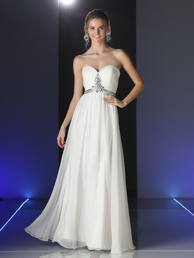 CD-970 Strapless Sparkling Jeweled Prom Dress - Off White, Front View Medium
