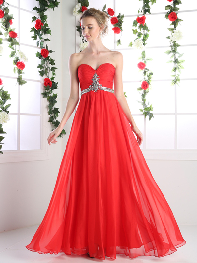 CD-970 Strapless Sparkling Jeweled Prom Dress - Red, Front View Medium