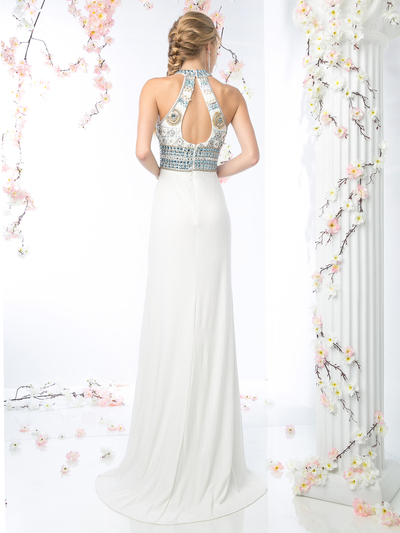 CD-971 Halter Top Beaded Prom Dress with Train  - Off White, Back View Medium
