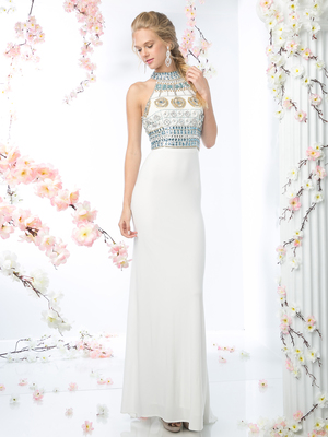 CD-971 Halter Top Beaded Prom Dress with Train , Off White