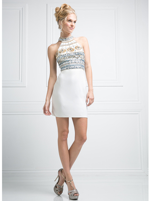 CD-973 Halter Top Fitted Short Cocktail Dress, Ivory