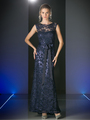 CD-C1882 Lace Evening Gown with Sequin Detail - Navy, Front View Thumbnail