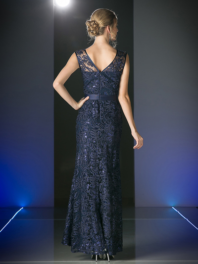 CD-C1882 Lace Evening Gown with Sequin Detail - Navy, Back View Medium