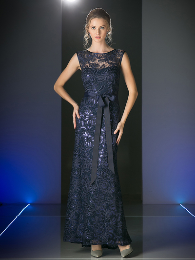 CD-C1882 Lace Evening Gown with Sequin Detail - Navy, Front View Medium