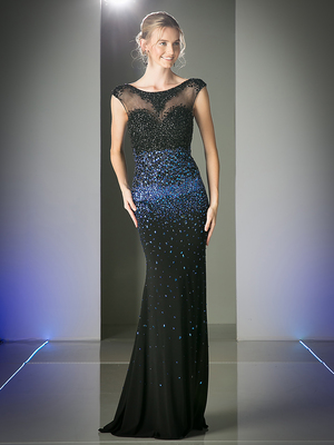 CD-C213 Floor Length Sleeveless Sequin Sheer Prom Dress , Black Royal