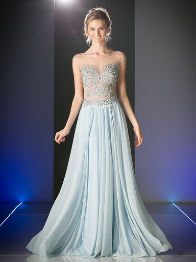 CD-C270 Beaded Bodice Illusion Prom Evening Gown - Perry Blue, Front View Medium