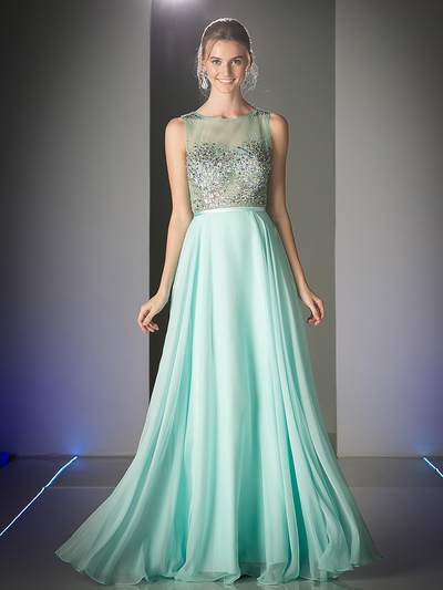 CD-C974 Sleeveless Long Prom Dress with Sheere Bodice - Mint, Front View Medium