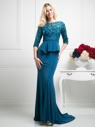 CD-CD486 Lace Bodice Mother of the Bride Dress with Court Train  - Teal, Front View Medium