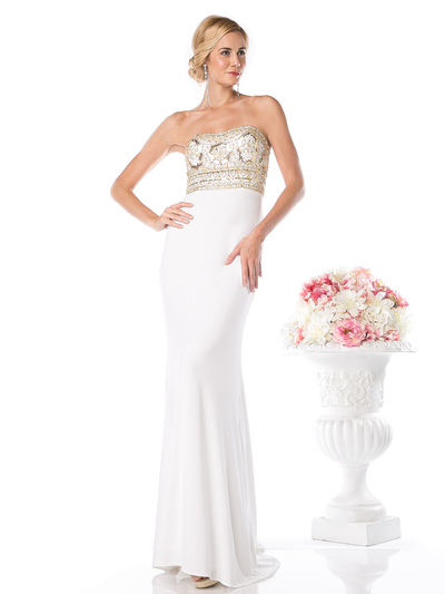 CD-CD488 Strapless Bridal Dress with Beaded Top and Train - Cream, Front View Medium