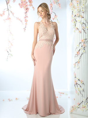 CD-CD491 Halter Applique Long Prom Dress with Train, Blush