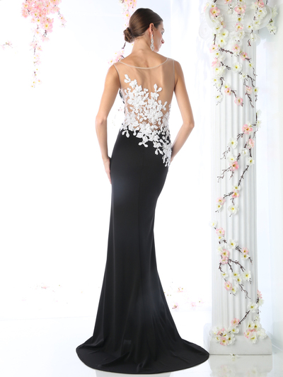 CD-CD493 Flora Applique Prom Dress with Mermaid Hem - Black, Back View Medium