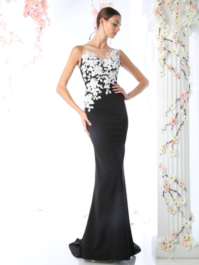 CD-CD493 Flora Applique Prom Dress with Mermaid Hem - Black, Front View Medium
