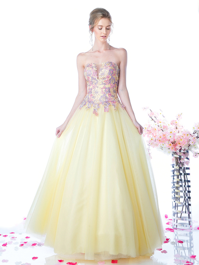 CD-CD496 Strapless Long Prom Gown with Tulle Skirt - Yellow, Front View Medium