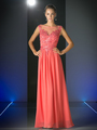 CD-CF005 Illusion Scope Neck Evening Dress - Coral, Front View Thumbnail