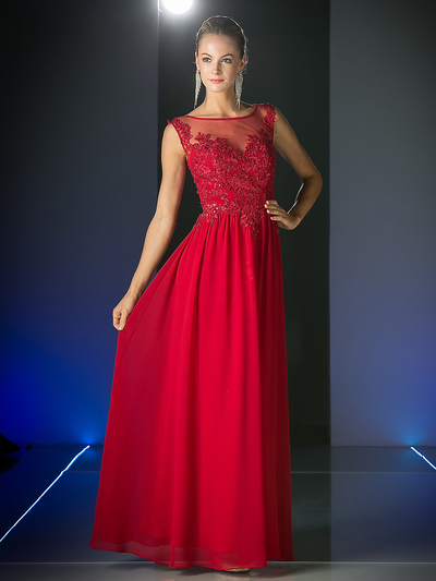 CD-CF005 Illusion Scope Neck Evening Dress - Red, Front View Medium