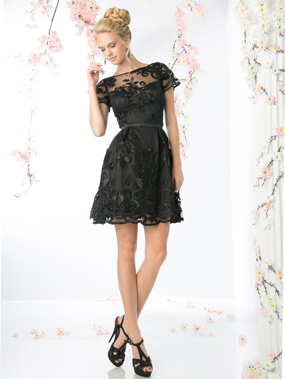 CD-CF027 Short Sleeve Lace Overlay Cocktail Dress - Black, Front View Medium