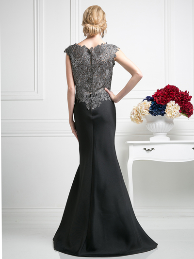 CD-CF192 Cap Sleeve Trumpet Evening Gown with Lace Appliqued - Black, Back View Medium