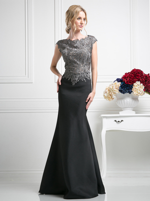 CD-CF192 Cap Sleeve Trumpet Evening Gown with Lace Appliqued, Black