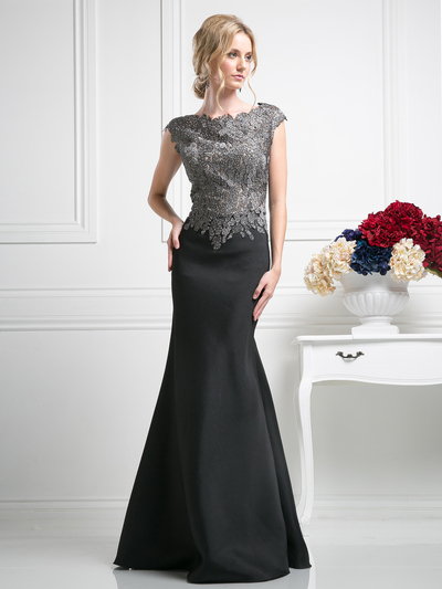 CD-CF192 Cap Sleeve Trumpet Evening Gown with Lace Appliqued - Black, Front View Medium