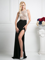 CD-CF201 Open Back Illusion Evening Dress with Slit - Black, Front View Thumbnail