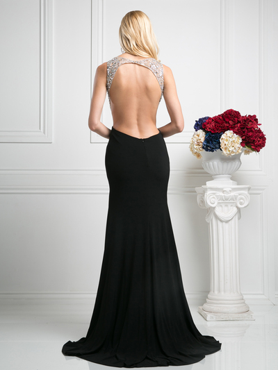 CD-CF201 Open Back Illusion Evening Dress with Slit - Black, Back View Medium