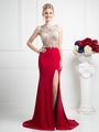CD-CF201 Open Back Illusion Evening Dress with Slit - Red, Front View Thumbnail