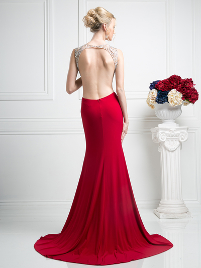 CD-CF201 Open Back Illusion Evening Dress with Slit - Red, Back View Medium