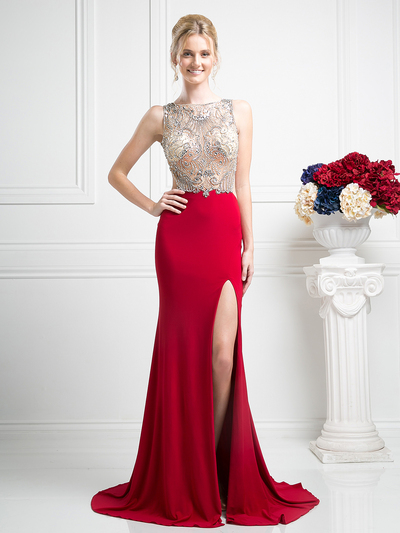 CD-CF201 Open Back Illusion Evening Dress with Slit - Red, Front View Medium