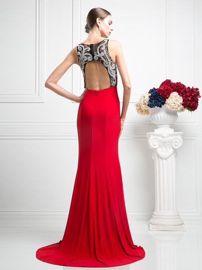 CD-CF302 Sleeveless Evening Dress with Sweeping Train - Black Red, Back View Medium