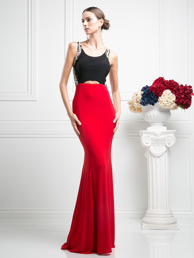 CD-CF302 Sleeveless Evening Dress with Sweeping Train - Black Red, Front View Medium