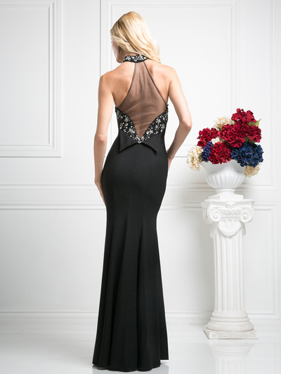CD-CF526 Jewel Halter Evening Dress with Sheer Back - Black, Back View Medium