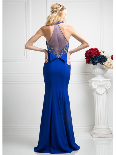 CD-CF526 Jewel Halter Evening Dress with Sheer Back - Royal, Back View Medium