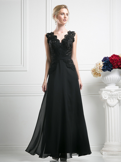 CD-CH1504 Lace V-neck Evening Dress  - Black, Front View Medium
